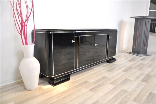 Art Deco Lowboard, black pianolacquer, lacobel glass plate, plenty storage and clean interior