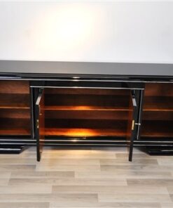 Art Deco Lowboard, black pianolacquer, lacobel glass plate, plenty storage and clean interior