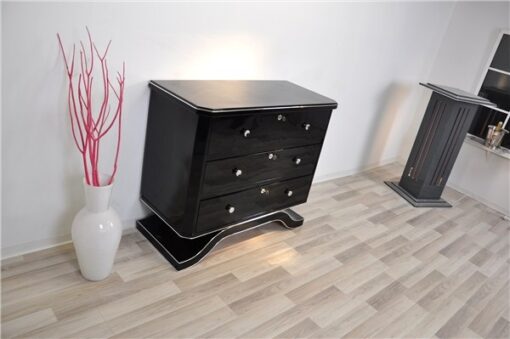 France 1940s, rare curved foot, 3 big drawers with original keys, chromehandles, paintjob in highgloss black or metallic red