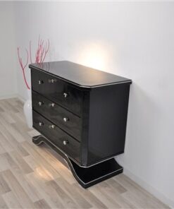 France 1940s, rare curved foot, 3 big drawers with original keys, chromehandles, paintjob in highgloss black or metallic red