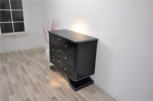 France 1940s, rare curved foot, 3 big drawers with original keys, chromehandles, paintjob in highgloss black or metallic red