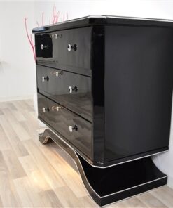 France 1940s, rare curved foot, 3 big drawers with original keys, chromehandles, paintjob in highgloss black or metallic red