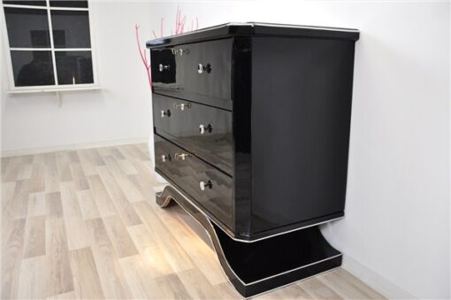 France 1940s, rare curved foot, 3 big drawers with original keys, chromehandles, paintjob in highgloss black or metallic red