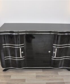 Elegant Art Deco Sideboard, elegant design with curved doors, chromelines and chrome fittings, pianolacquer in highgloss black, handpolished