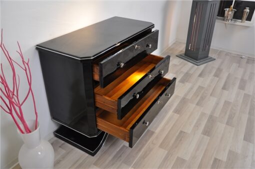 France 1940s, rare curved foot, 3 big drawers with original keys, chromehandles, paintjob in highgloss black or metallic red