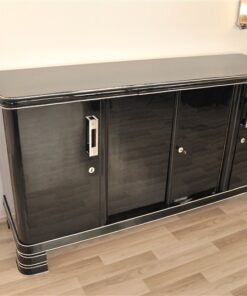 German Art Deco Sideboard, Saarland 1930, 12 layers of paint in highgloss black, Massive chromehandles, plenty of storage and clean interior