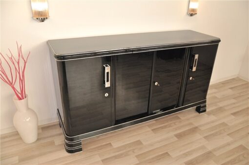 German Art Deco Sideboard, Saarland 1930, 12 layers of paint in highgloss black, Massive chromehandles, plenty of storage and clean interior