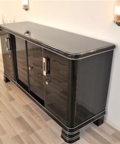 German Art Deco Sideboard, Saarland 1930, 12 layers of paint in highgloss black, Massive chromehandles, plenty of storage and clean interior