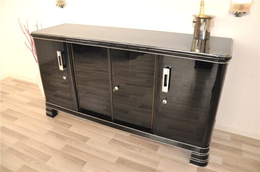 German Art Deco Sideboard, Saarland 1930, 12 layers of paint in highgloss black, Massive chromehandles, plenty of storage and clean interior