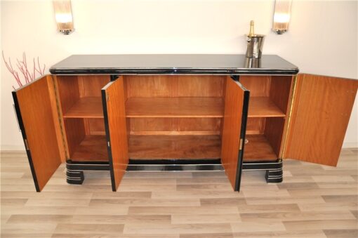 German Art Deco Sideboard, Saarland 1930, 12 layers of paint in highgloss black, Massive chromehandles, plenty of storage and clean interior