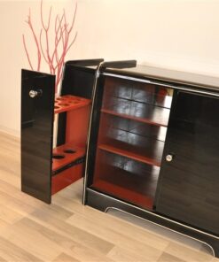 Art Deco Sideboard, mirrored back plate, red bar extensions on both sides, 3 shelves, highglossblack with chrome applications
