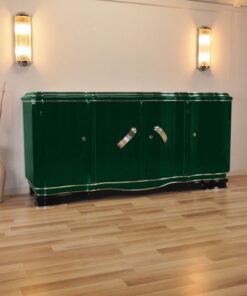 XXL Art Deco Sideboard, Jaguar racing green pianolacquer, massive chromhandles, 4 swung doors, Belgium1929, plenty of storage space