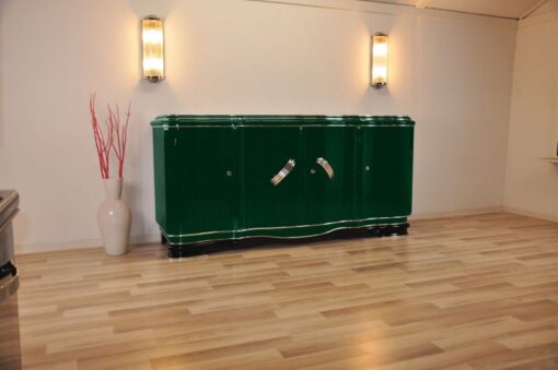 XXL Art Deco Sideboard, Jaguar racing green pianolacquer, massive chromhandles, 4 swung doors, Belgium1929, plenty of storage space