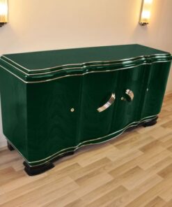 XXL Art Deco Sideboard, Jaguar racing green pianolacquer, massive chromhandles, 4 swung doors, Belgium1929, plenty of storage space