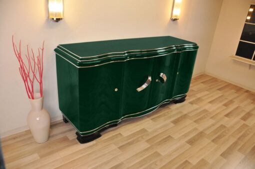 XXL Art Deco Sideboard, Jaguar racing green pianolacquer, massive chromhandles, 4 swung doors, Belgium1929, plenty of storage space