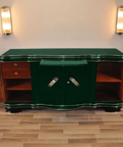 XXL Art Deco Sideboard, Jaguar racing green pianolacquer, massive chromhandles, 4 swung doors, Belgium1929, plenty of storage space