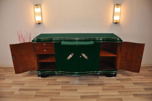 XXL Art Deco Sideboard, Jaguar racing green pianolacquer, massive chromhandles, 4 swung doors, Belgium1929, plenty of storage space