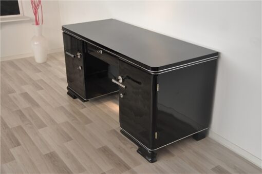 Art Deco desk, elegant Design - timeless pianolacquer, big chrome handles, plenty of storage space, original france 1938