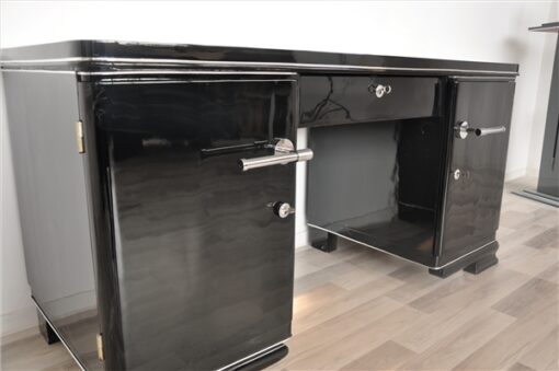 Art Deco desk, elegant Design - timeless pianolacquer, big chrome handles, plenty of storage space, original france 1938