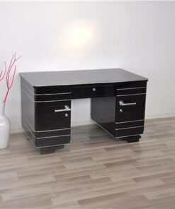 Art Deco Desk, timeless Design with rounded corners, rotating chromelines, striking chromehandles, handpolished topplate