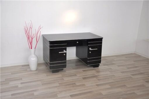 Art Deco Desk, timeless Design with rounded corners, rotating chromelines, striking chromehandles, handpolished topplate