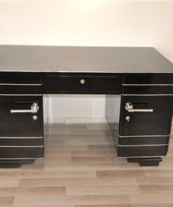 Art Deco Desk, timeless Design with rounded corners, rotating chromelines, striking chromehandles, handpolished topplate