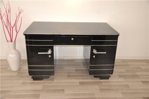 Art Deco Desk, timeless Design with rounded corners, rotating chromelines, striking chromehandles, handpolished topplate