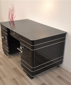 Art Deco Desk, timeless Design with rounded corners, rotating chromelines, striking chromehandles, handpolished topplate