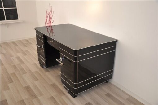 Art Deco Desk, timeless Design with rounded corners, rotating chromelines, striking chromehandles, handpolished topplate