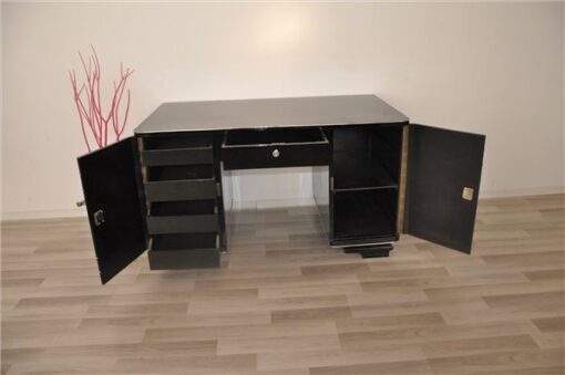 Art Deco Desk, timeless Design with rounded corners, rotating chromelines, striking chromehandles, handpolished topplate