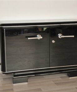 Art Deco Commode, elegant Design with rounded corners, chromelines, big chromehandles, pianolacquer