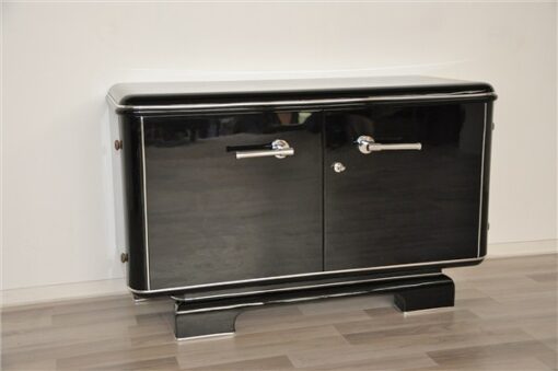 Art Deco Commode, elegant Design with rounded corners, chromelines, big chromehandles, pianolacquer