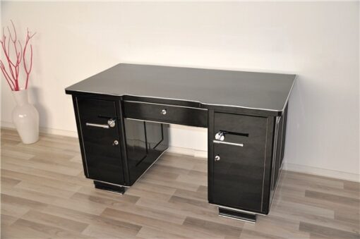 big chromehandles, leather applications on both sides, Art Deco desk from france, pianolacquer