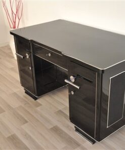 big chromehandles, leather applications on both sides, Art Deco desk from france, pianolacquer