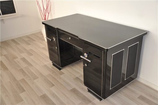 big chromehandles, leather applications on both sides, Art Deco desk from france, pianolacquer