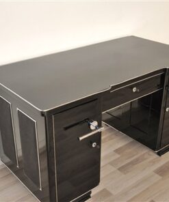 big chromehandles, leather applications on both sides, Art Deco desk from france, pianolacquer