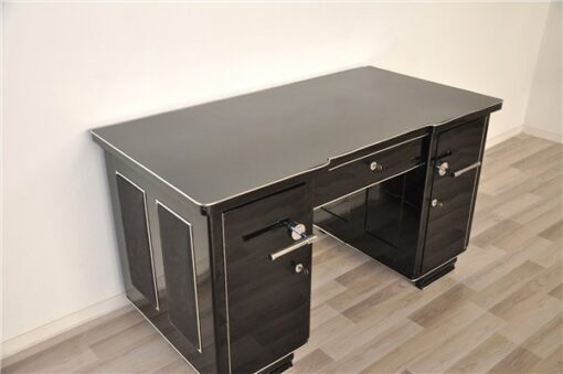 big chromehandles, leather applications on both sides, Art Deco desk from france, pianolacquer