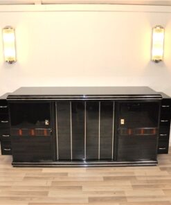 Art Deco Sideboard, unique Design, highgloss pianolacquer, detailed wooden ornamentation, Chromebars, france 1930