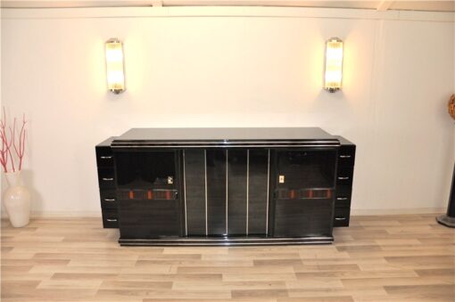 Art Deco Sideboard, unique Design, highgloss pianolacquer, detailed wooden ornamentation, Chromebars, france 1930