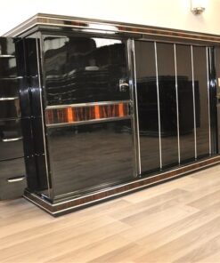 Art Deco Sideboard, unique Design, highgloss pianolacquer, detailed wooden ornamentation, Chromebars, france 1930