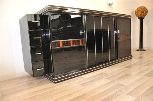 Art Deco Sideboard, unique Design, highgloss pianolacquer, detailed wooden ornamentation, Chromebars, france 1930