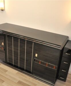 Art Deco Sideboard, unique Design, highgloss pianolacquer, detailed wooden ornamentation, Chromebars, france 1930