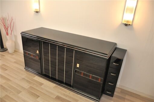 Art Deco Sideboard, unique Design, highgloss pianolacquer, detailed wooden ornamentation, Chromebars, france 1930