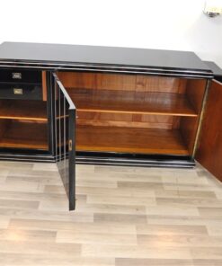 Art Deco Sideboard, unique Design, highgloss pianolacquer, detailed wooden ornamentation, Chromebars, france 1930