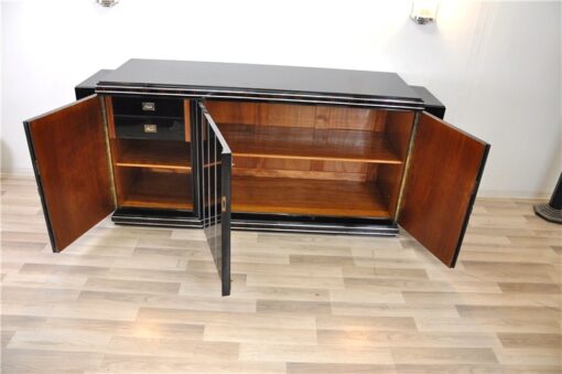 Art Deco Sideboard, unique Design, highgloss pianolacquer, detailed wooden ornamentation, Chromebars, france 1930