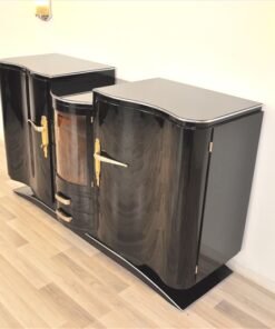 Art Deco Sideboard, original fittings, pianolacquer, handolished, curved glasdoor