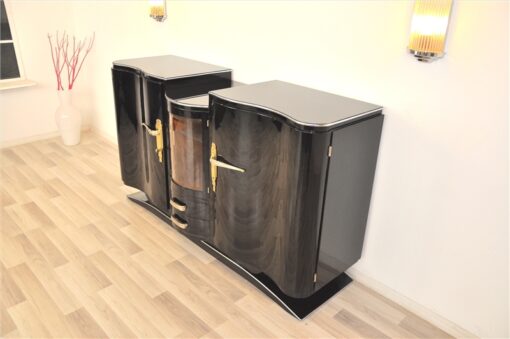 Art Deco Sideboard, original fittings, pianolacquer, handolished, curved glasdoor