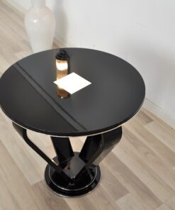 Art Deco Crone Sidetable, Metalapplications on the topplate, rotating chromebars, handpolished, highgloss black