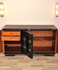 Art Deco Sideboard, wonderful straight body with rounded corners, highgloss black, big chromebars, hand polished, leatherplate, plenty of storage space