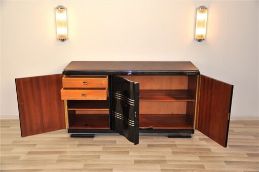 Art Deco Sideboard, wonderful straight body with rounded corners, highgloss black, big chromebars, hand polished, leatherplate, plenty of storage space